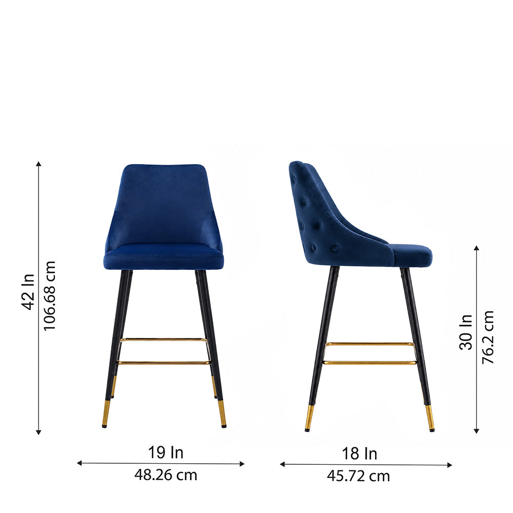 Blue Upholstered Bar Stool with Gold Accents