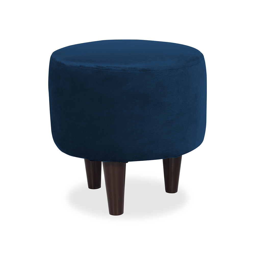 Blue Velvet Round Ottoman - Wood Legs