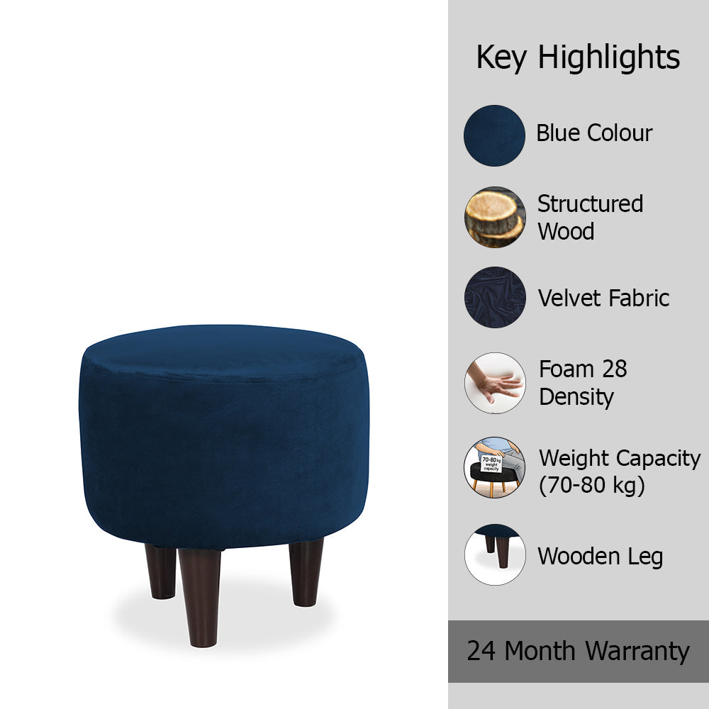 Blue Velvet Round Ottoman - Wood Legs
