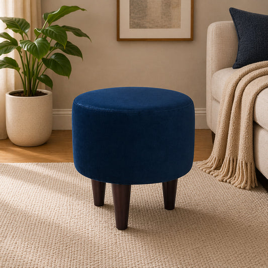 Blue Velvet Round Ottoman - Wood Legs