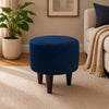 Blue Velvet Round Ottoman - Wood Legs