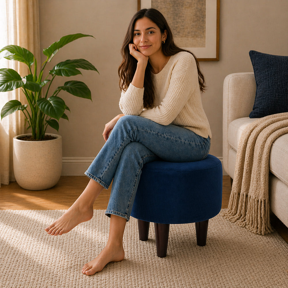 Blue Velvet Round Ottoman - Wood Legs