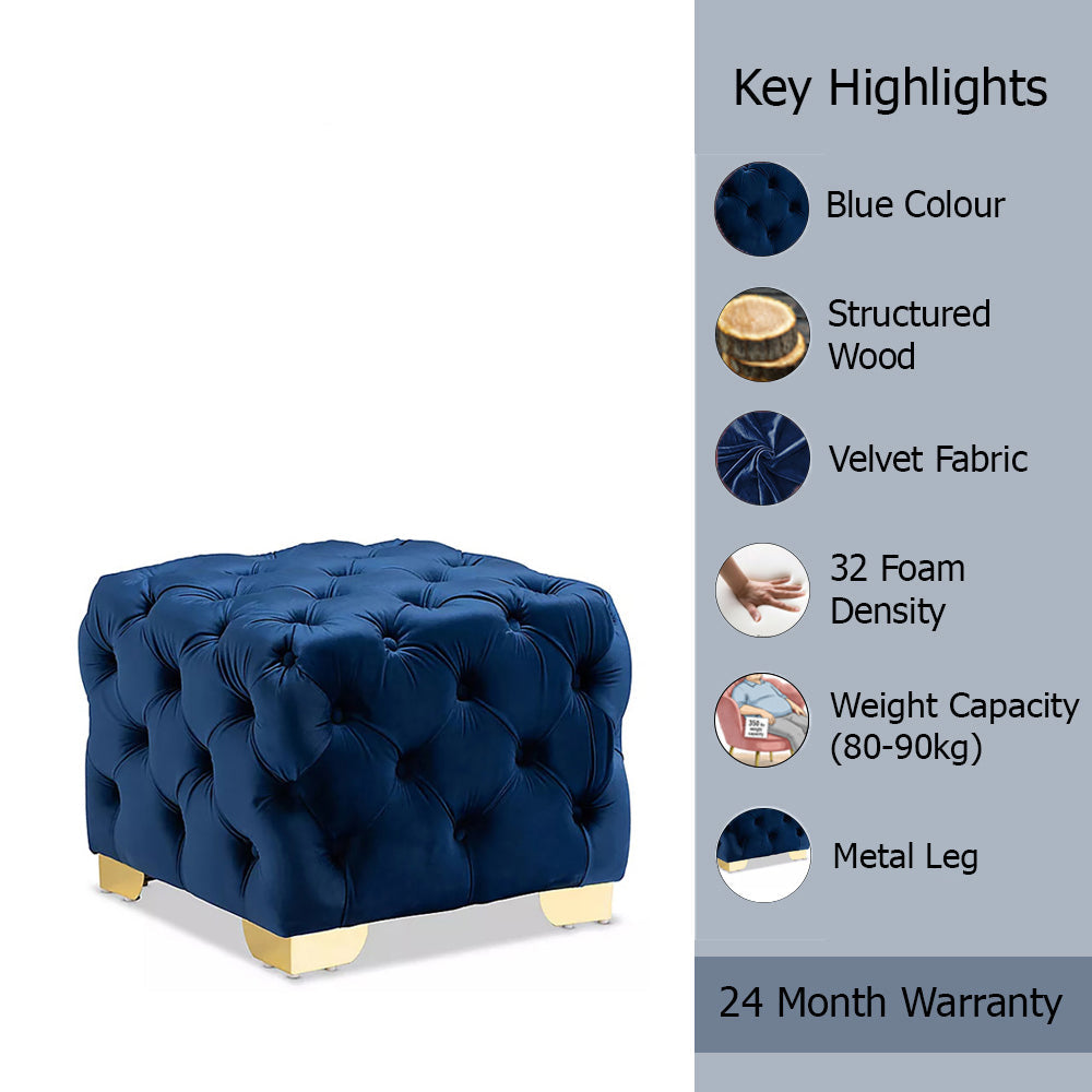 Blue Velvet Tufted Ottoman - Gold Base