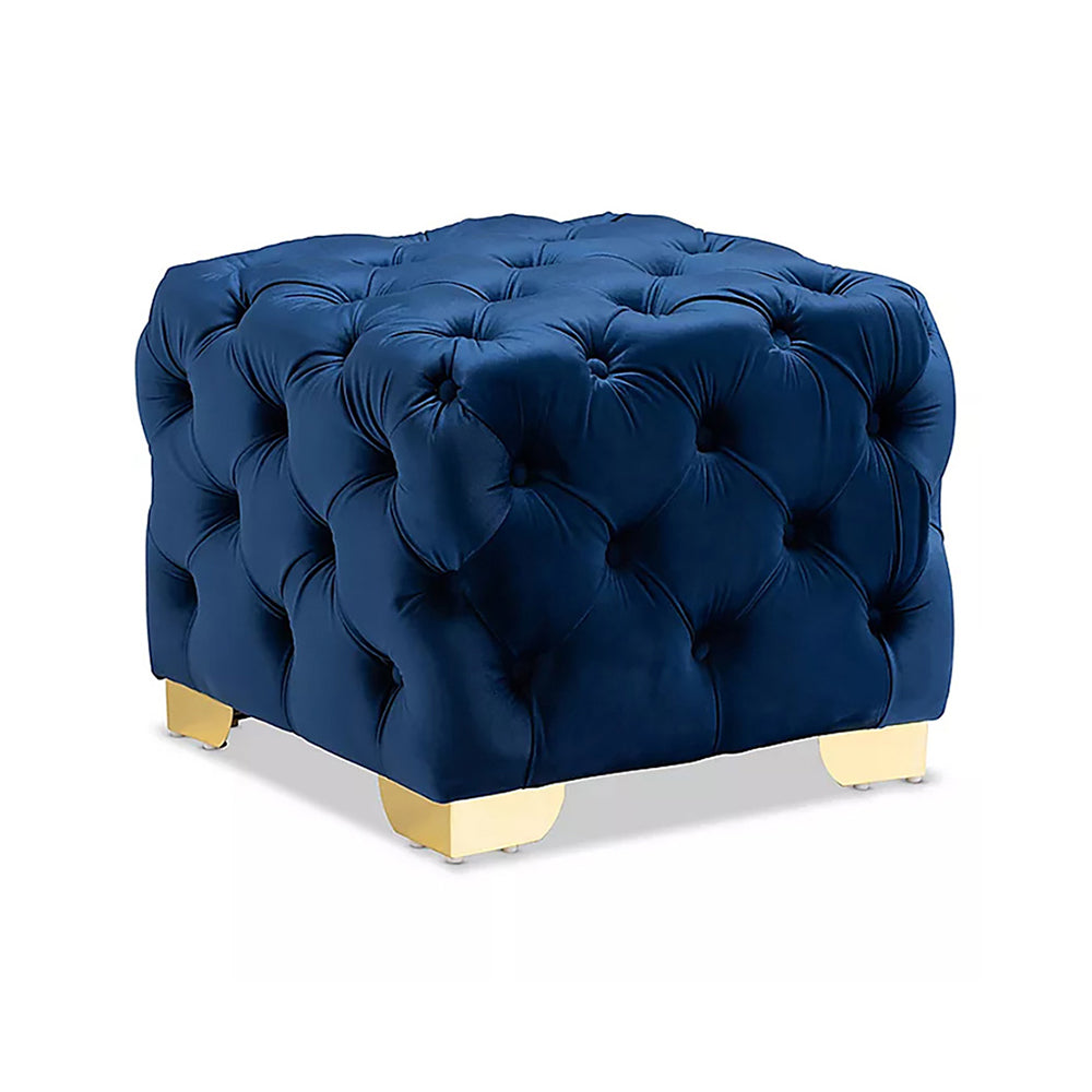 Blue Velvet Tufted Ottoman - Gold Base