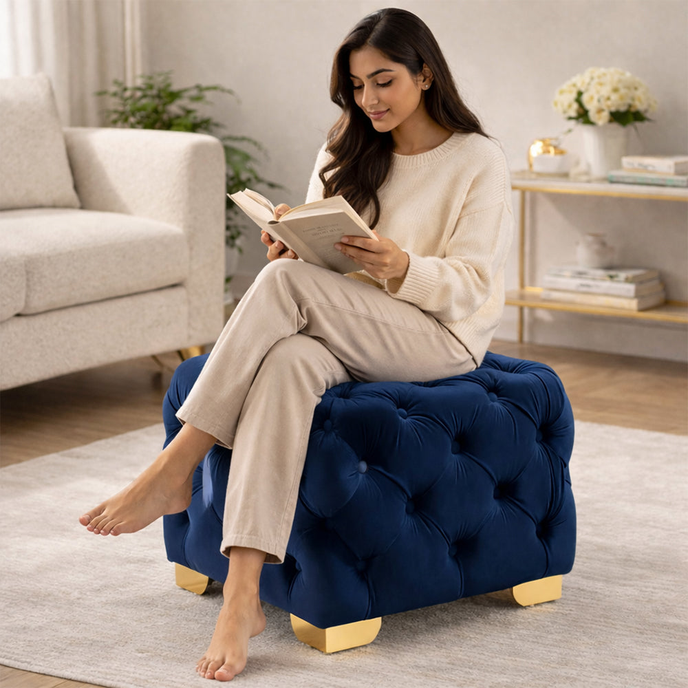 Blue Velvet Tufted Ottoman - Gold Base