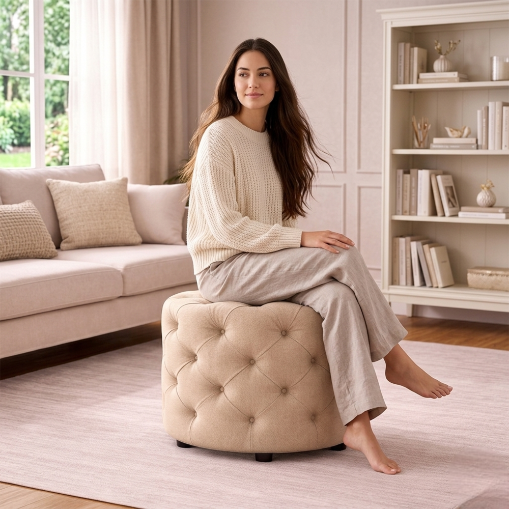Briana Beige Velvet Ottoman Cube