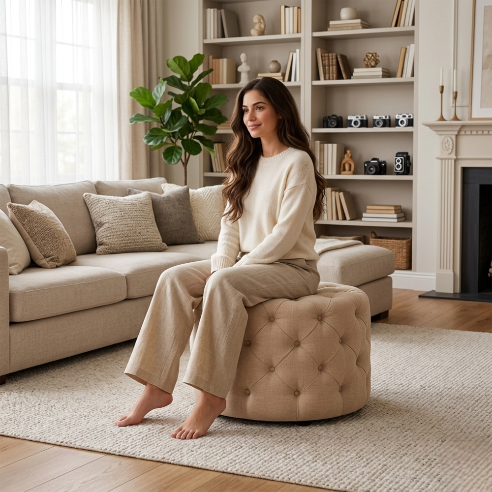 Briana Beige Velvet Ottoman Cube
