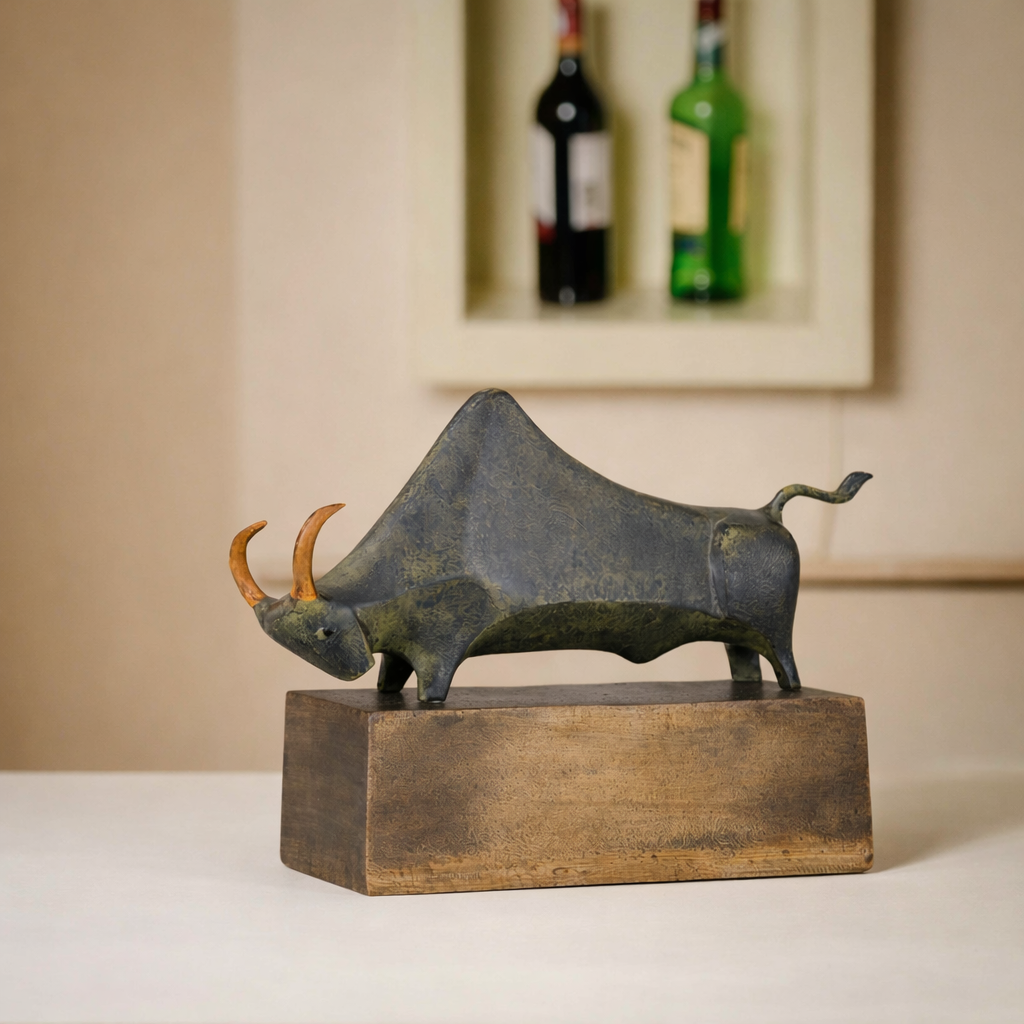 Bronze Crest Charging Bull Sculpture with Glass Base – Modern Aluminum Tabletop Décor