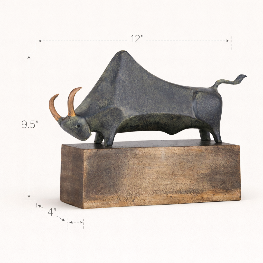 Bronze Crest Charging Bull Sculpture with Glass Base – Modern Aluminum Tabletop Décor