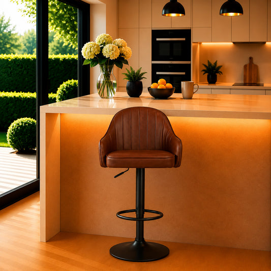 Brown Faux Leather Adjustable Bar Stool
