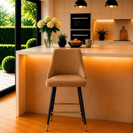 Brown Upholstered Bar Stool with Gold Accents