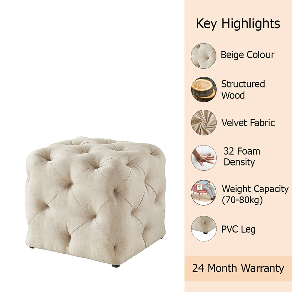 Colchester Beige Velvet Ottoman Cube - Wood Base