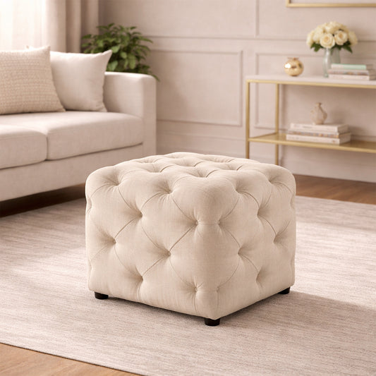 Colchester Beige Velvet Ottoman Cube - Wood Base