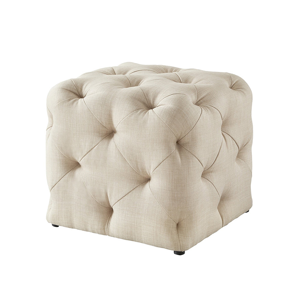 Colchester Beige Velvet Ottoman Cube - Wood Base