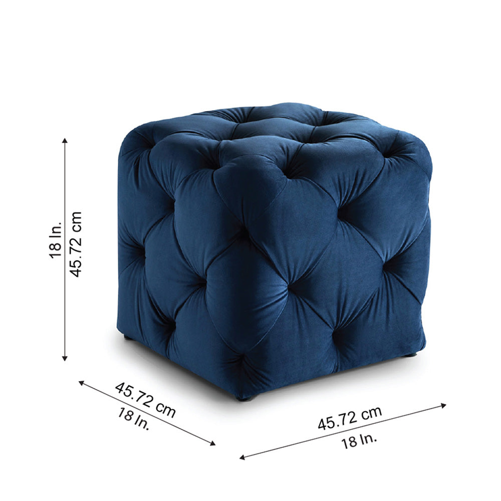 Colchester Blue Velvet Ottoman Cube - Wood Base