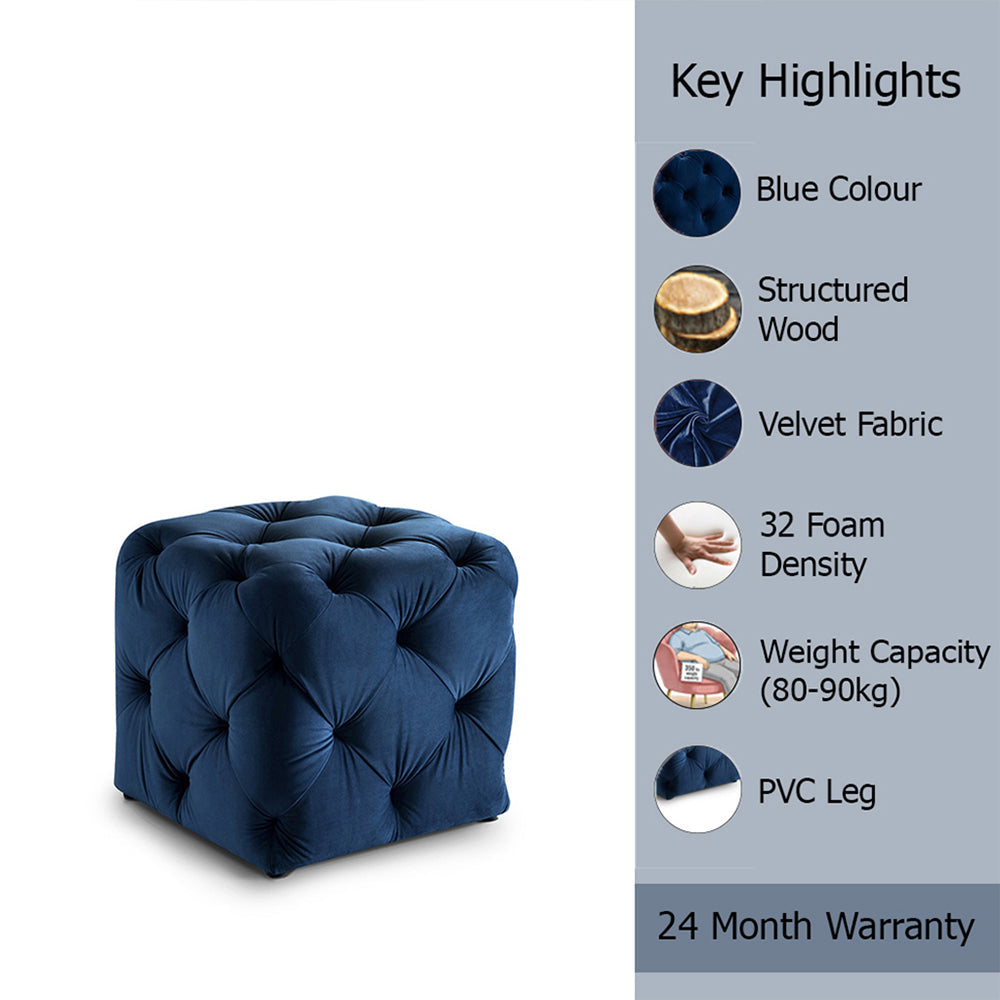 Colchester Blue Velvet Ottoman Cube - Wood Base