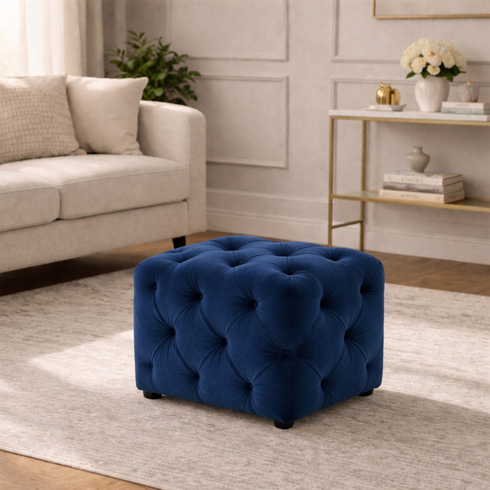 Colchester Blue Velvet Ottoman Cube - Wood Base