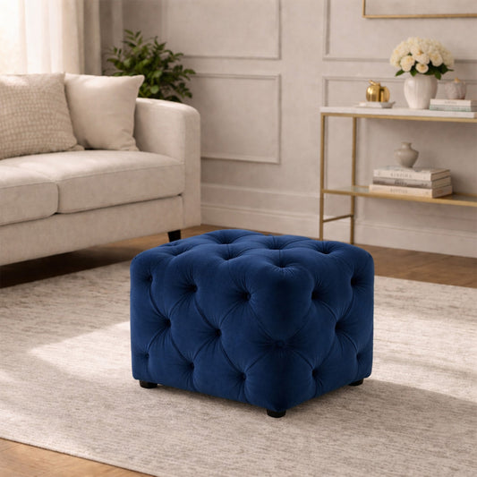 Colchester Blue Velvet Ottoman Cube - Wood Base