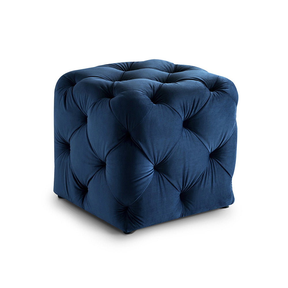 Colchester Blue Velvet Ottoman Cube - Wood Base