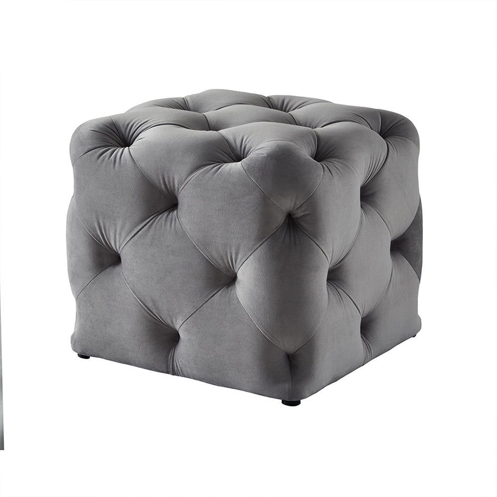 Colchester Grey Velvet Ottoman Cube - Wood Base