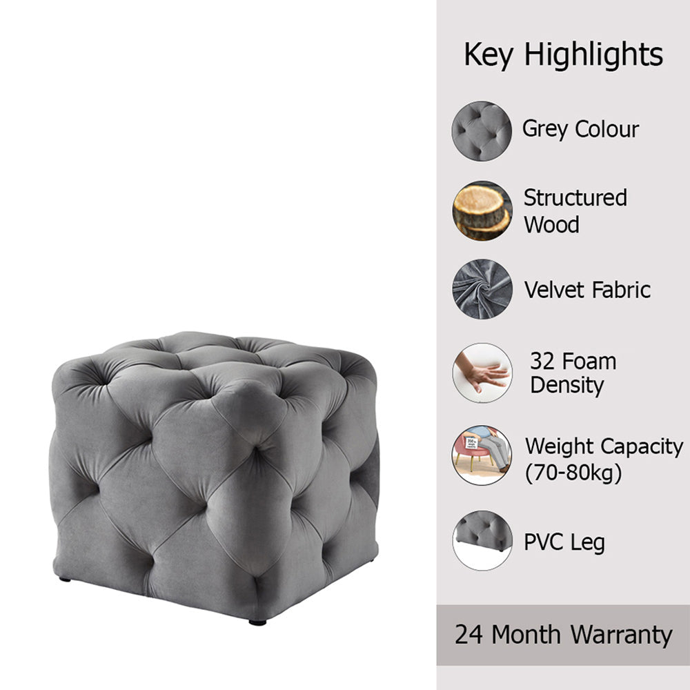 Colchester Grey Velvet Ottoman Cube - Wood Base