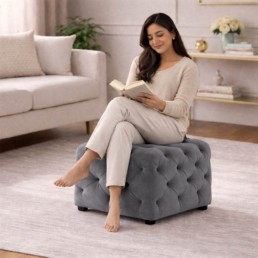 Colchester Grey Velvet Ottoman Cube - Wood Base