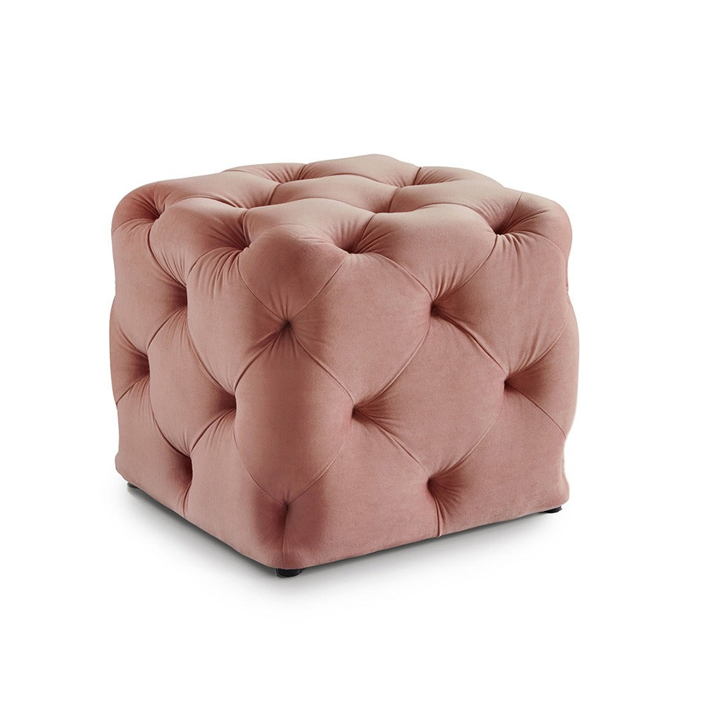 Colchester Pink Velvet Ottoman Cube - Wood Base