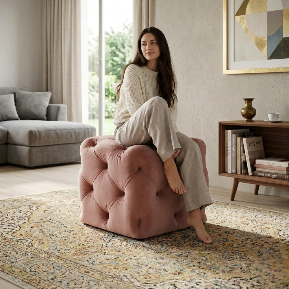 Colchester Pink Velvet Ottoman Cube - Wood Base