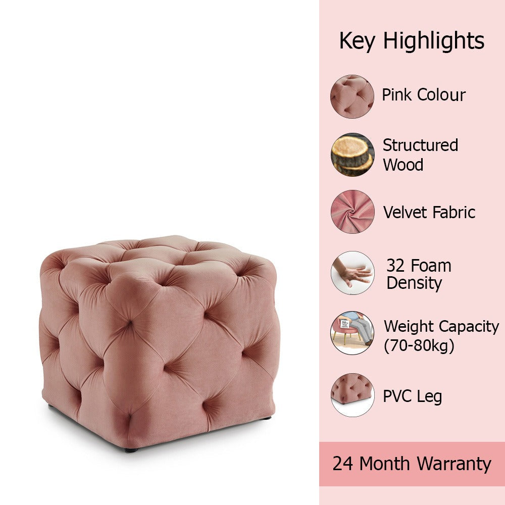Colchester Pink Velvet Ottoman Cube - Wood Base