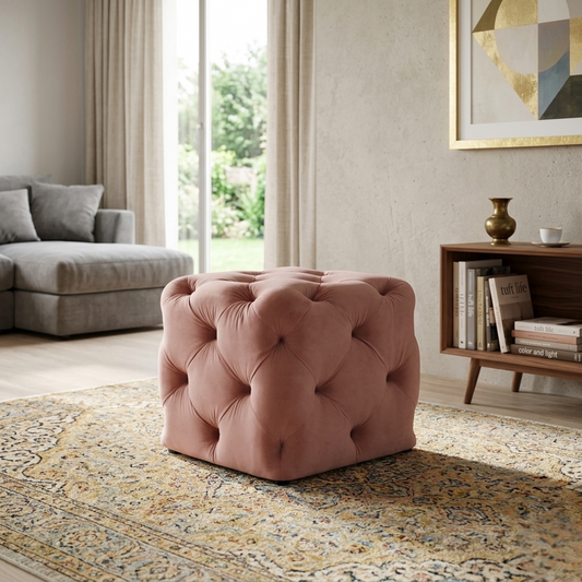 Colchester Pink Velvet Ottoman Cube - Wood Base