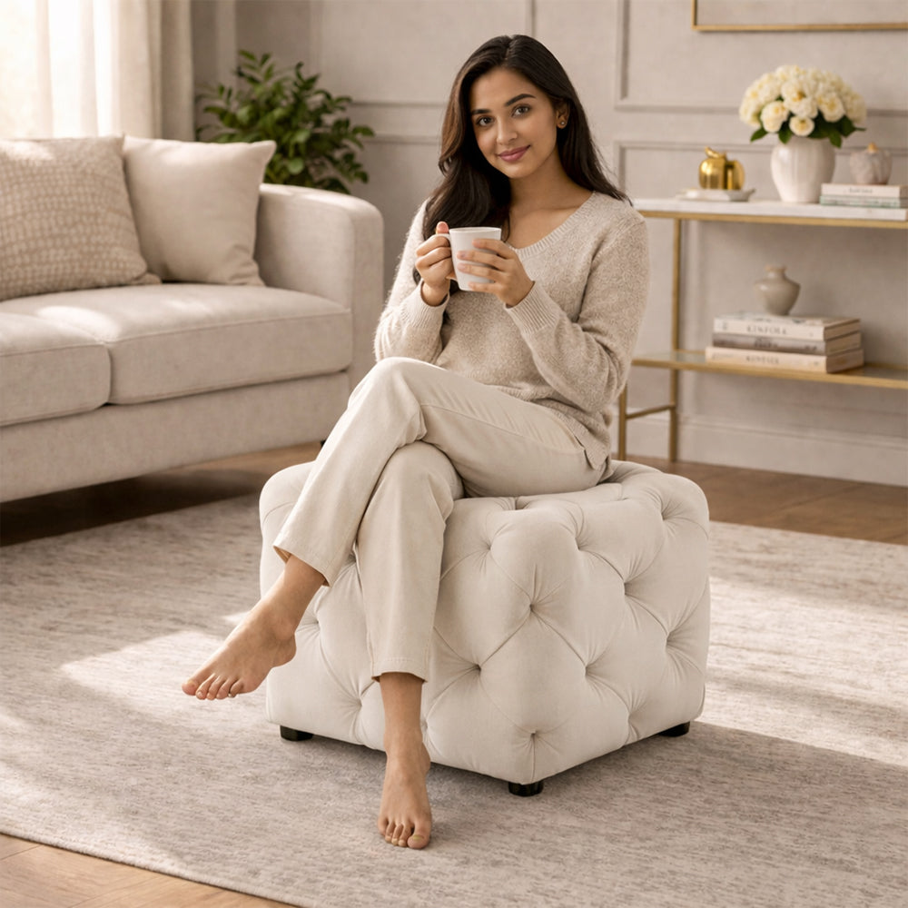 Colchester White Velvet Ottoman Cube - Wood Base