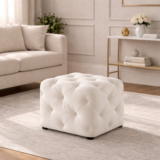 Colchester White Velvet Ottoman Cube - Wood Base