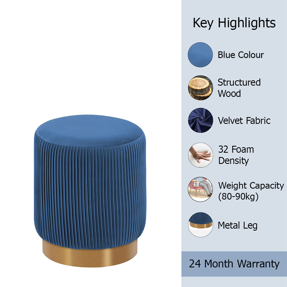 Damato Blue Velvet Round Ottoman - Gold Base