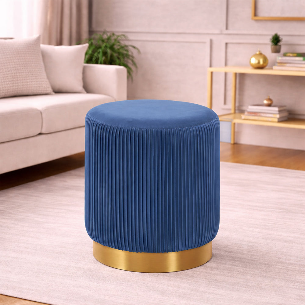 Damato Blue Velvet Round Ottoman - Gold Base