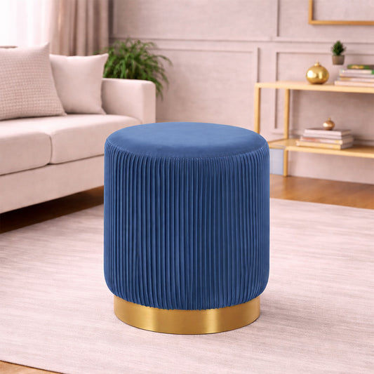 Damato Blue Velvet Round Ottoman - Gold Base
