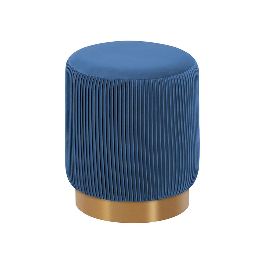 Damato Blue Velvet Round Ottoman - Gold Base