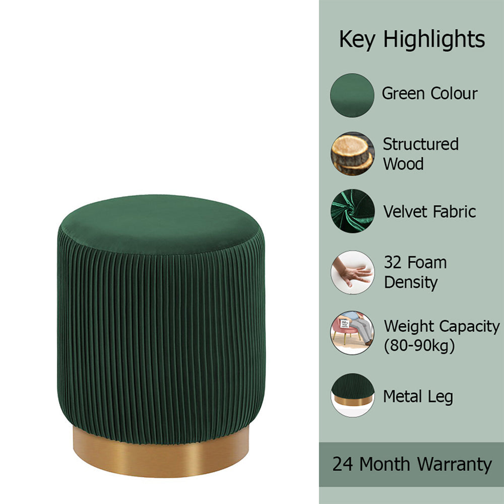 Damato Green Velvet Round Ottoman - Gold Base