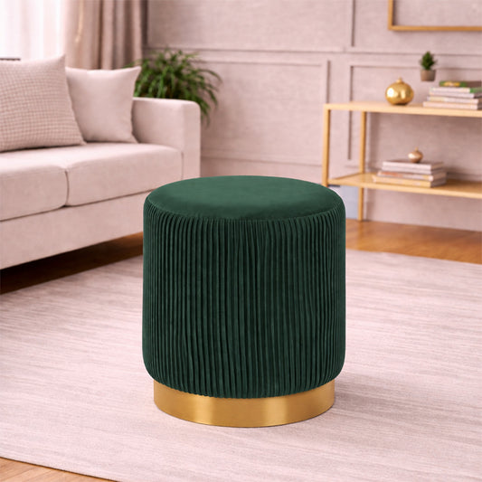 Damato Green Velvet Round Ottoman - Gold Base