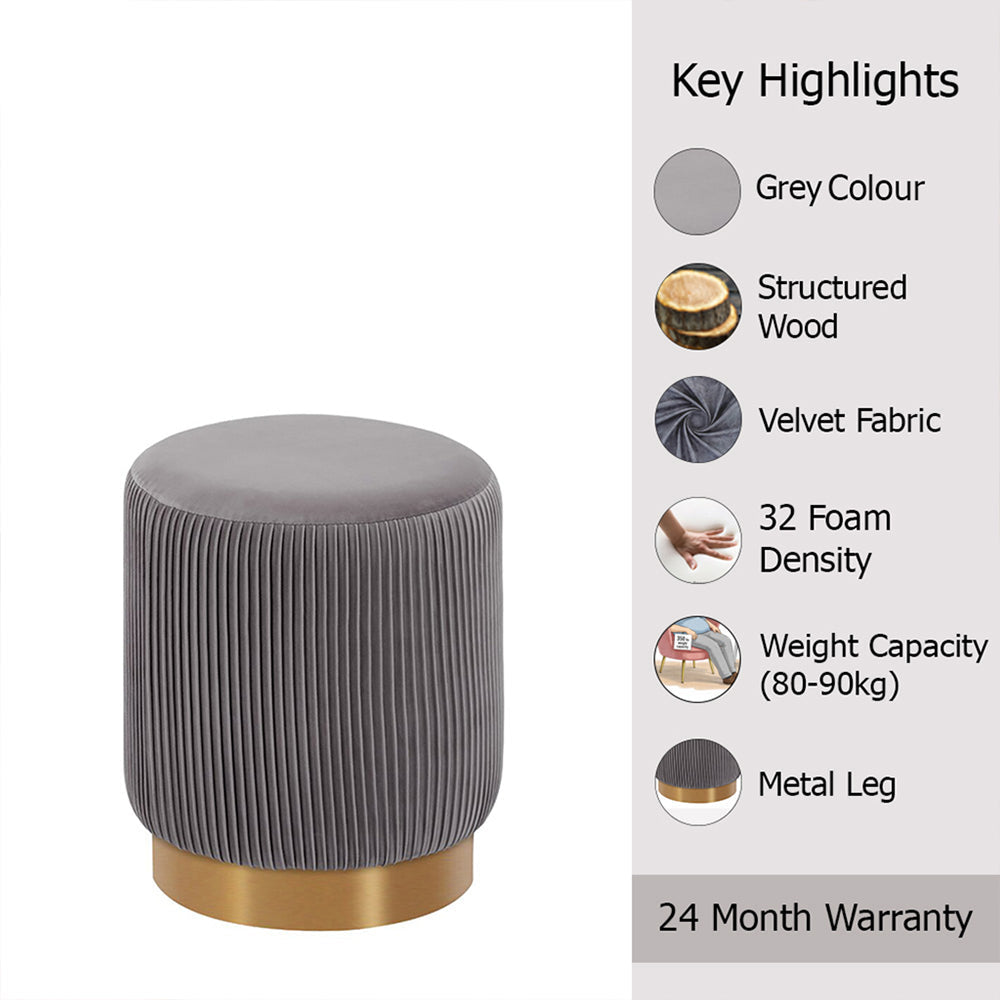 Damato Grey Velvet Round Ottoman - Gold Base