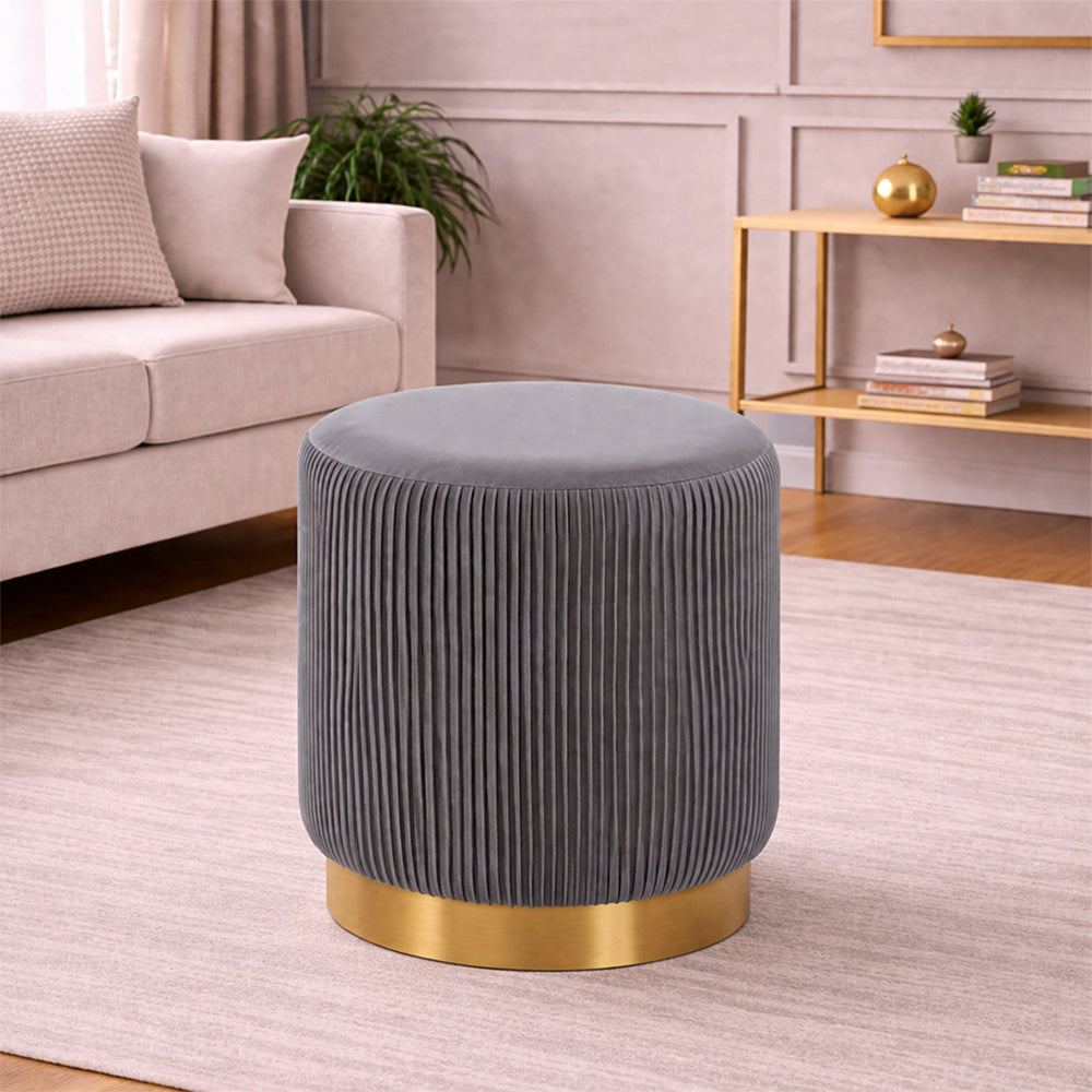 Damato Grey Velvet Round Ottoman - Gold Base