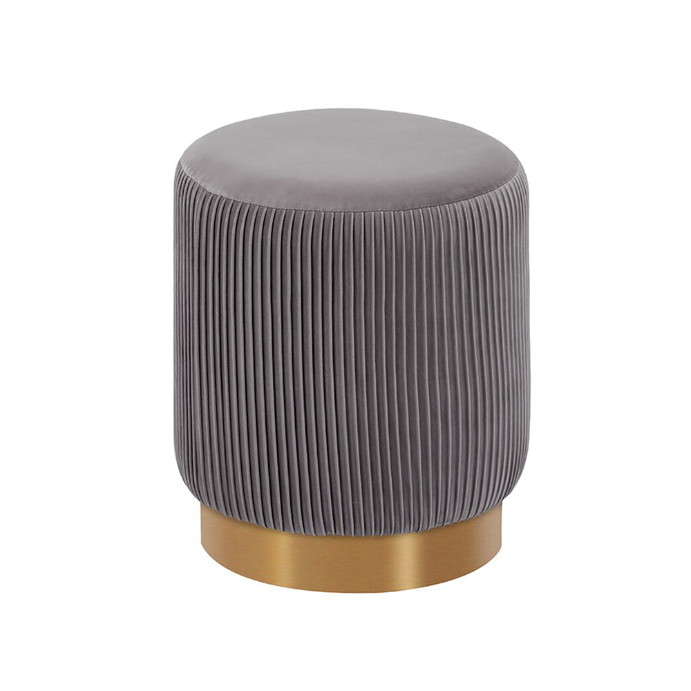 Damato Grey Velvet Round Ottoman - Gold Base