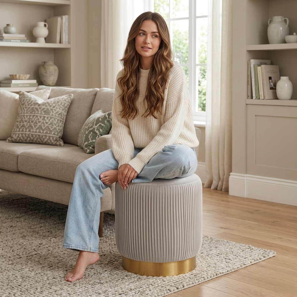 Damato Light Grey Round Ottoman - Gold Base