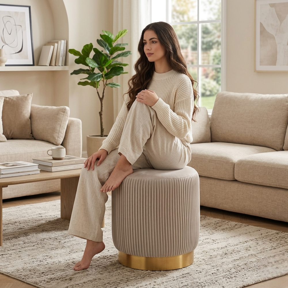 Damato Light Grey Round Ottoman - Gold Base