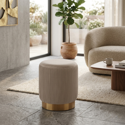 Damato Light Grey Round Ottoman - Gold Base