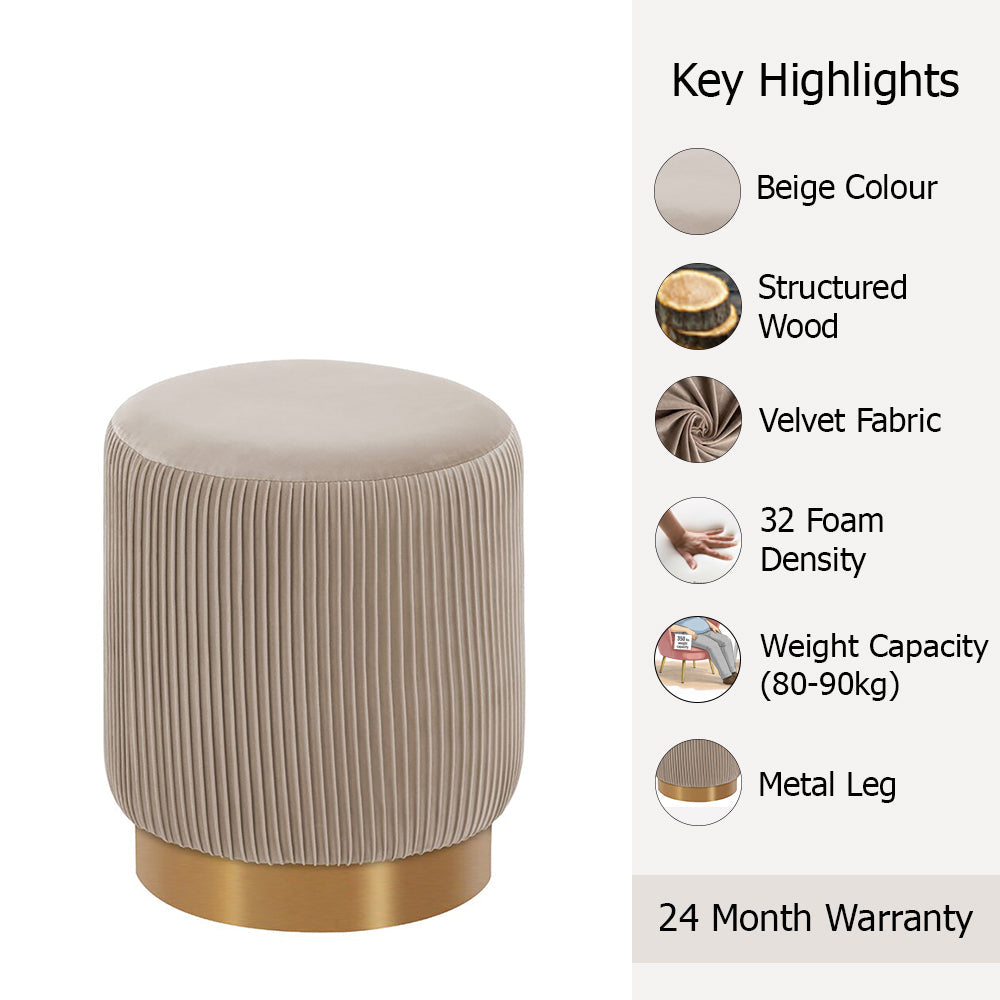 Damato Light Grey Round Ottoman - Gold Base