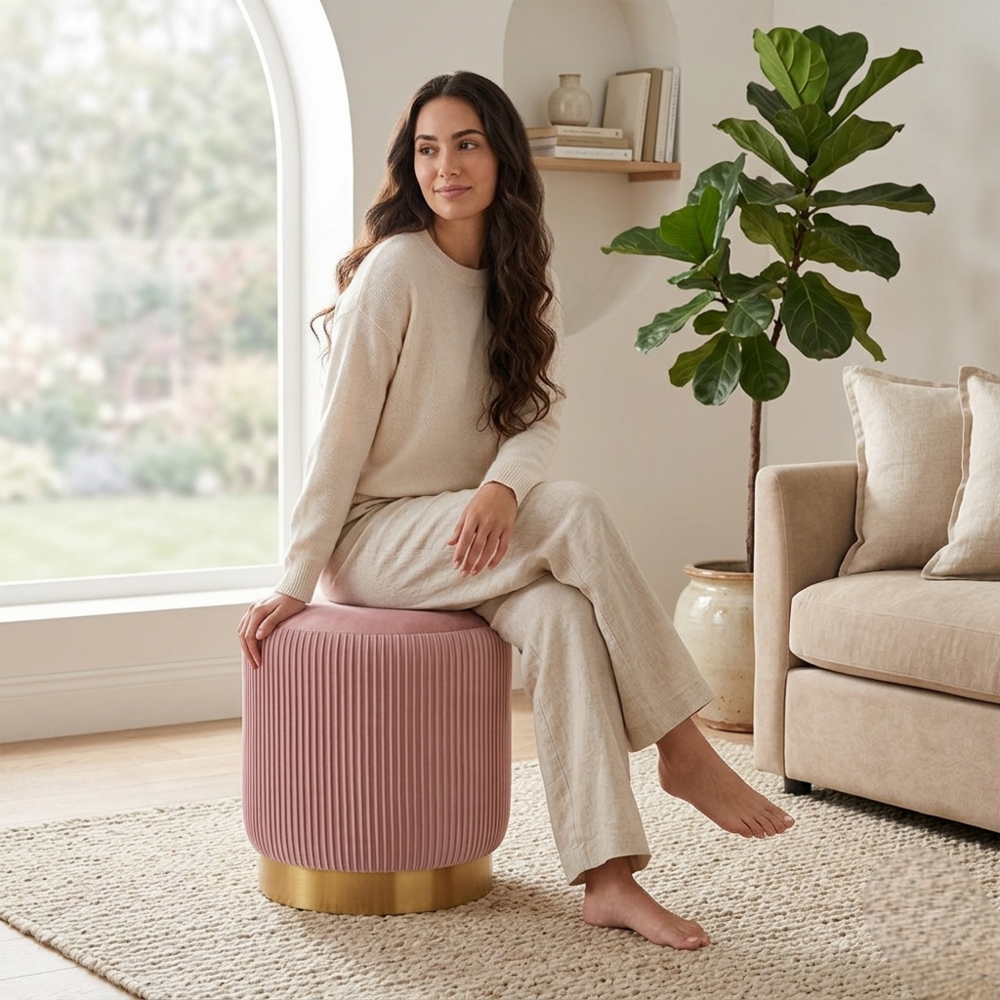Damato Pink Velvet Round Ottoman - Gold Base