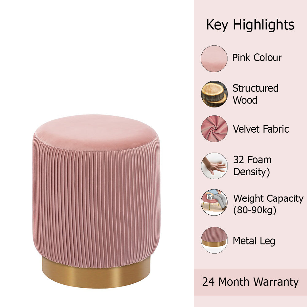 Damato Pink Velvet Round Ottoman - Gold Base