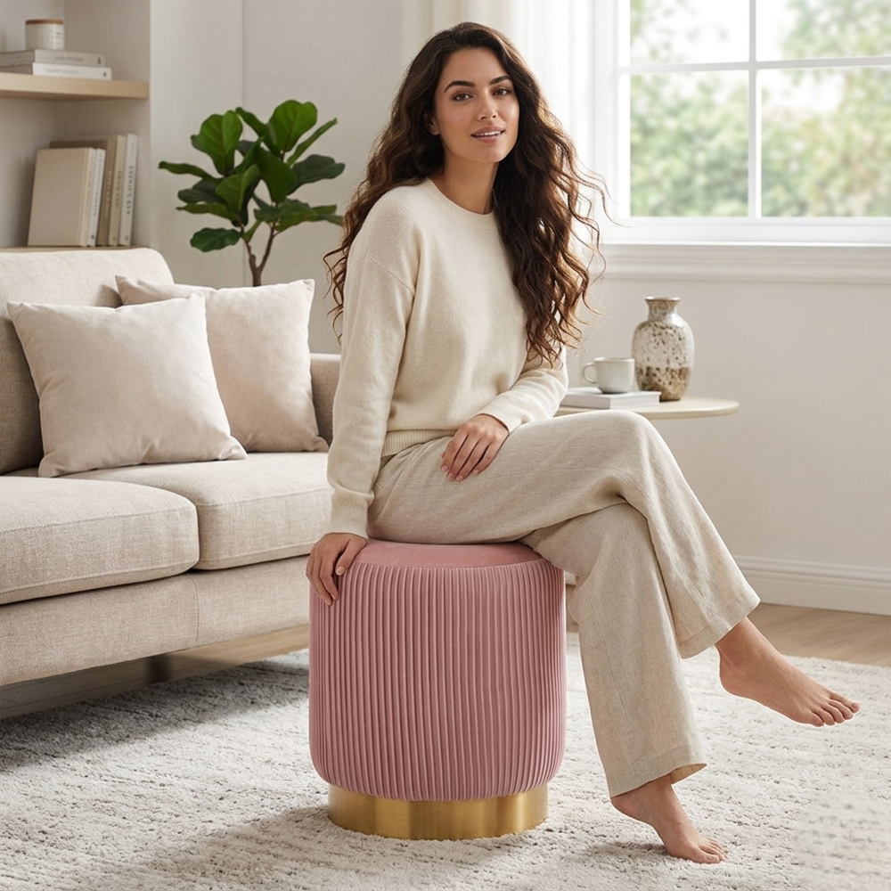 Damato Pink Velvet Round Ottoman - Gold Base