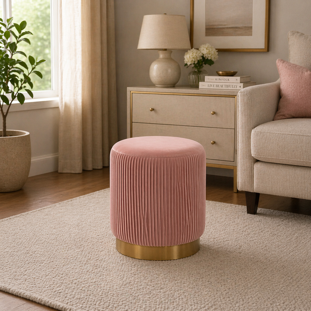 Damato Pink Velvet Round Ottoman - Gold Base