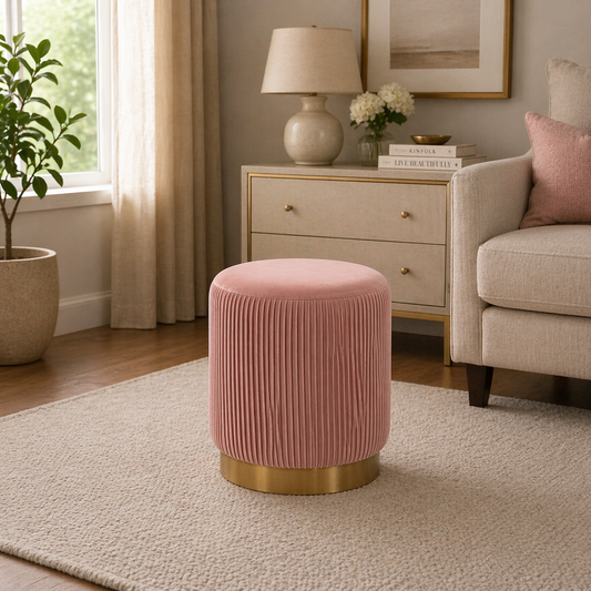 Damato Pink Velvet Round Ottoman - Gold Base